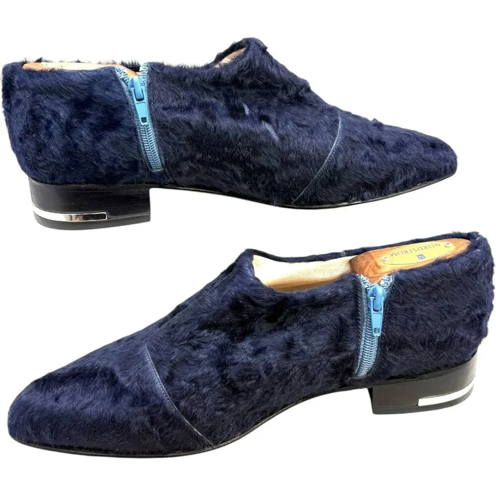 Josefina‎ Ferroni Navy Blue Genuine Rabbit Fur Zip Flats